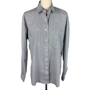 Las Olas Button Up Shirt Women M Pin Stripe w/ Embroidered snowflakes & Bling